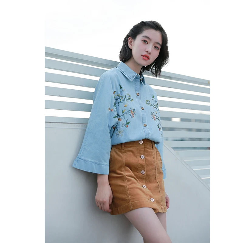 Mori Girl/Модная джинсовая синяя рубашка для женщин в Корейском стиле свободное с