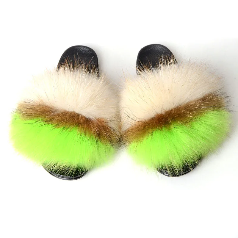 

RASS PLE 2019 Ladies Real Raccoon Fur Slippers Casual Shoes Fluffy Slippers Flip Flops Chausson Fox Fur Slides Shoes Women