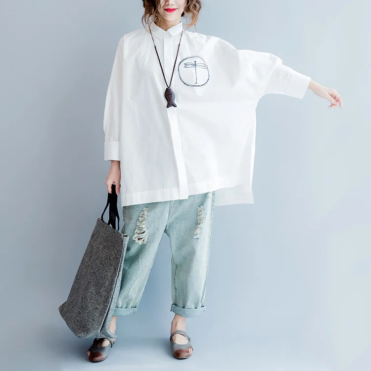 

[EWQ] New Spring 2019 Fashion Long Sleeve Lapel Single Breasted Dragonfly Print Patchwork Casual Loose Shirt Women AA523