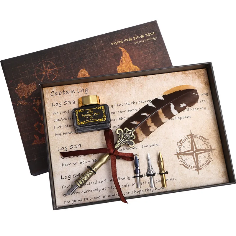 

Retro Quill Feather Dip Pen Writing Ink Set Stationery Gift Box with 5 Nib Wedding Gift Quill Pen Fountain Pen Festival Day Gift