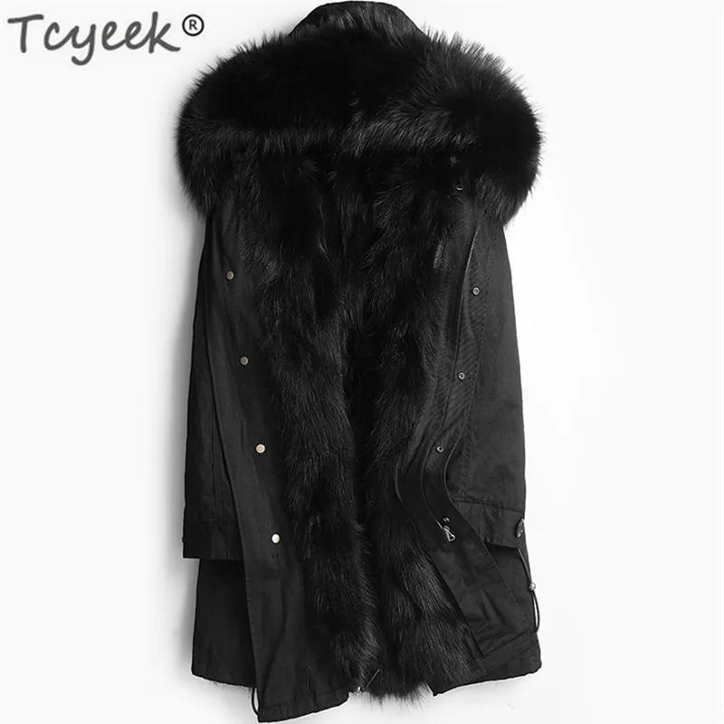 

Tcyeek Real Fur Coat Men Winter Warm Raccoon Fur Parka Hooded Midum Long Jacket Thick Real Natural Fur Outwear LWL1113