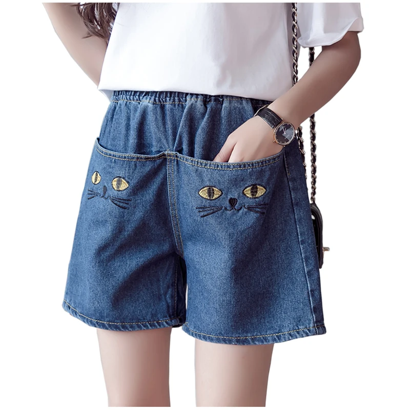 

Denim Shorts Elastic Waist Plus Size Cat Embroidery 5xl Short Jeans Lady 2019 Women Summer Big Pocket Casual Shorts Feminino