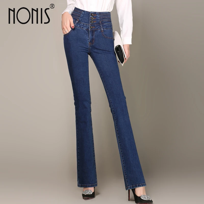 Nonis плюс размер 26-33 обтягивающие новые женские белые синие джинсы с высокой талией расклешенные брюки женские брюки