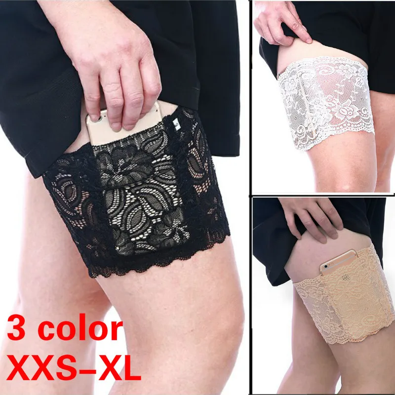 

1pc Women Anti Chafing Floral Lace Thigh Bands Ladys Sexy Slim Leg Warmers Cuffs Phone Pocket Card Cell Anti-slip Thigh Pocket