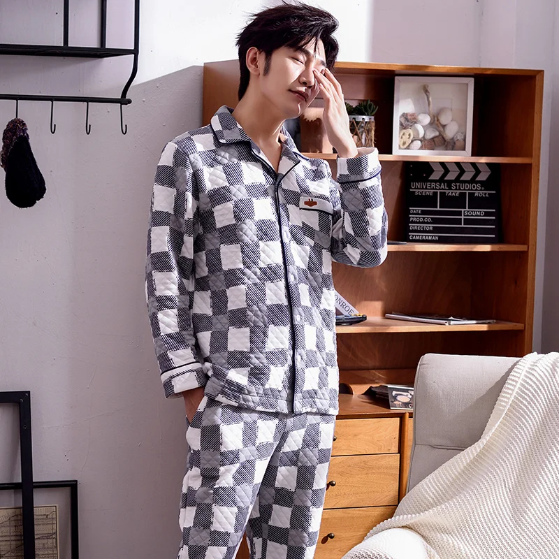 

J&Q new male pyjama cotton winter clothing for men leisure home clothes thicken nightie sleepwear brand warm pajamas for men