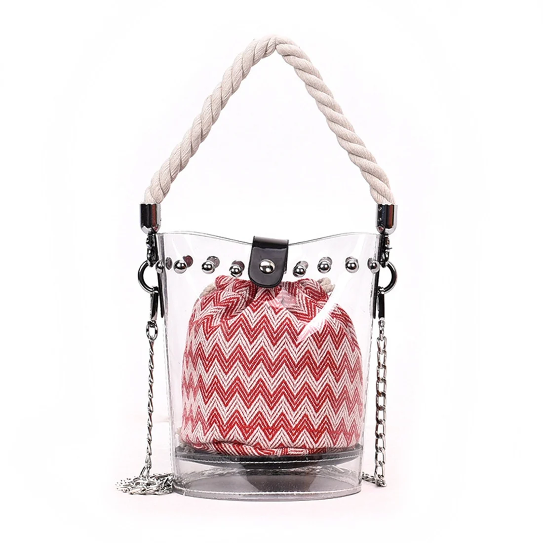 

ABDB-Red new fashion PVC chain diagonal handbag fashion transparent hit color wave rivet hemp rope shoulder diagonal sub-packa