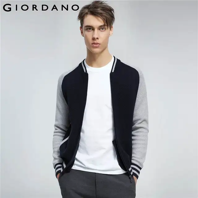 Giordano Men Sweater Baseball Collar Combed Cotton Cardigan Stripes Design Ribbed Cuffs Zip  Sweaters Male Maglione Winter
