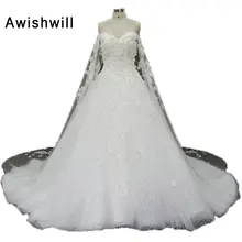Real Picture Wedding Dress Off The Shoulder Lace Appliques Tulle With Long Cape Ball Gown Bridal Dress 2017 Vestido De Noiva