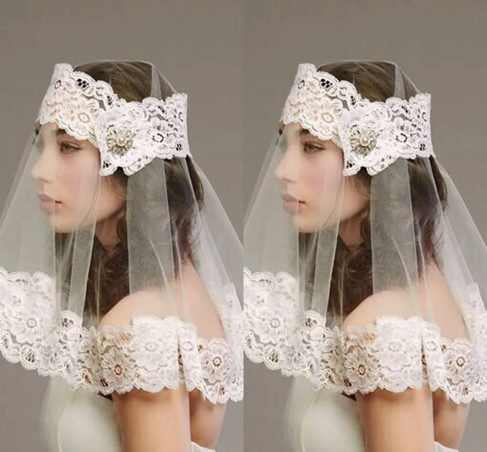 2015 White Ivory Bridal Veils White Lace Edge Shou...