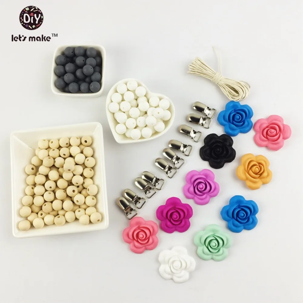 Let's Make Silicone Wood Beads Pacifier Clip DIY Silicone Teething bracelet handmade silicone flower shaped necklace Beads