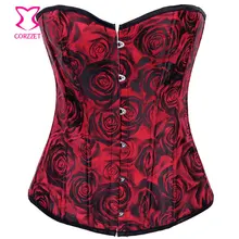 Women Burlesque Rose Fantasy Embroidered Corset Red and Black Gothic Corselet Overbust Sexy Body Shaper Bustier Espartilhos