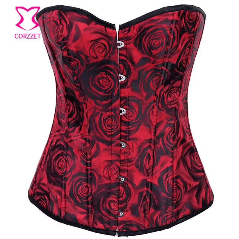 

Women Burlesque Rose Fantasy Embroidered Corset Red and Black Gothic Corselet Overbust Sexy Body Shaper Bustier Espartilhos
