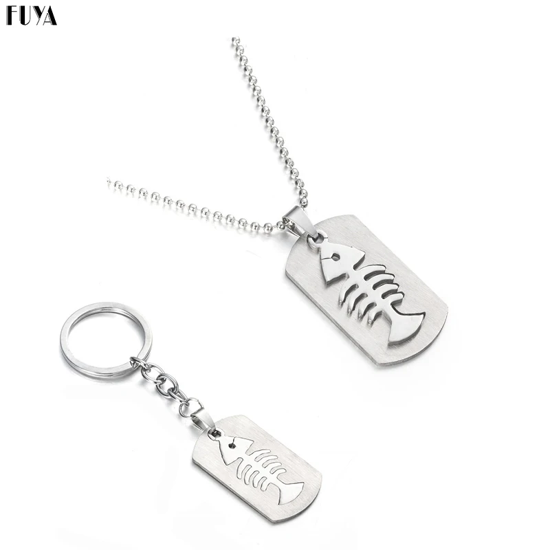 

Fashion unique fishbone pendant necklace jewelery Trendy stainless steel chain fish skeleton&fishing hook Keychain men jewelry
