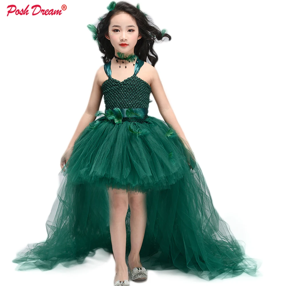 

POSH DREAM Teal Green Vintage Kids Girls Tutu Dresses for Forest Party Flower Dark Green Handmade Children Birthday Clothes