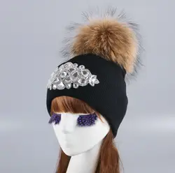 Девушка для женщин брендовая зимняя шапка бини кепки с натуральным животным Мех животных помпоном норка, лиса большой мяч Кристалл