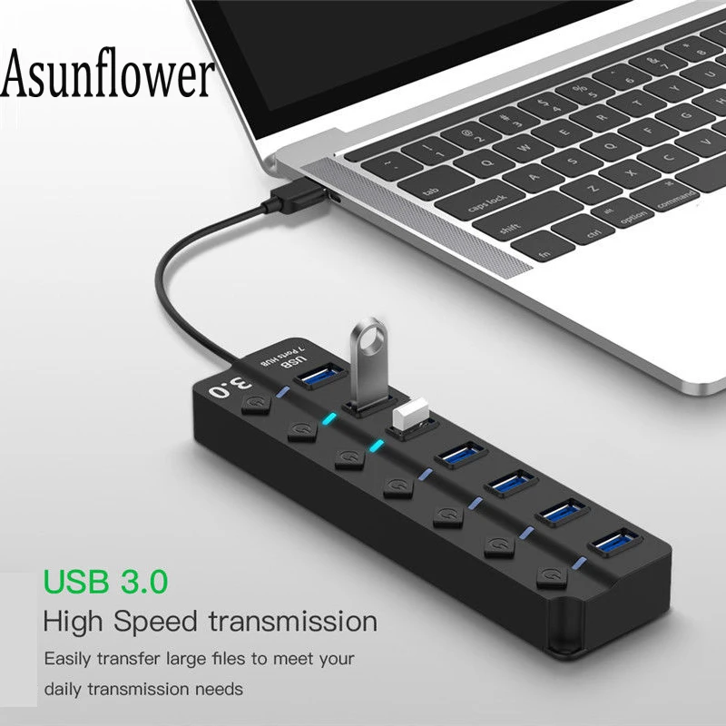 Asunflower 7 портов USB 3,0 концентратор вкл. Выкл. Переключатели адаптер питания переменного тока 5 Гбит/с Высокая скорость для MacBook ноутбук ПК 4 порта USB3.0 концентратор разветвитель