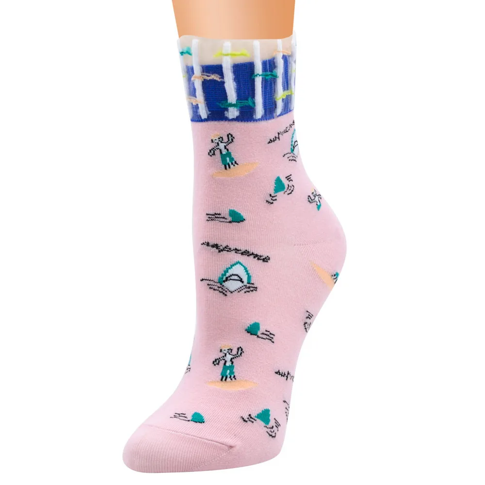 Women Cute Horizontal Pattern Lady Socks Tube Lace Socks Print Animal