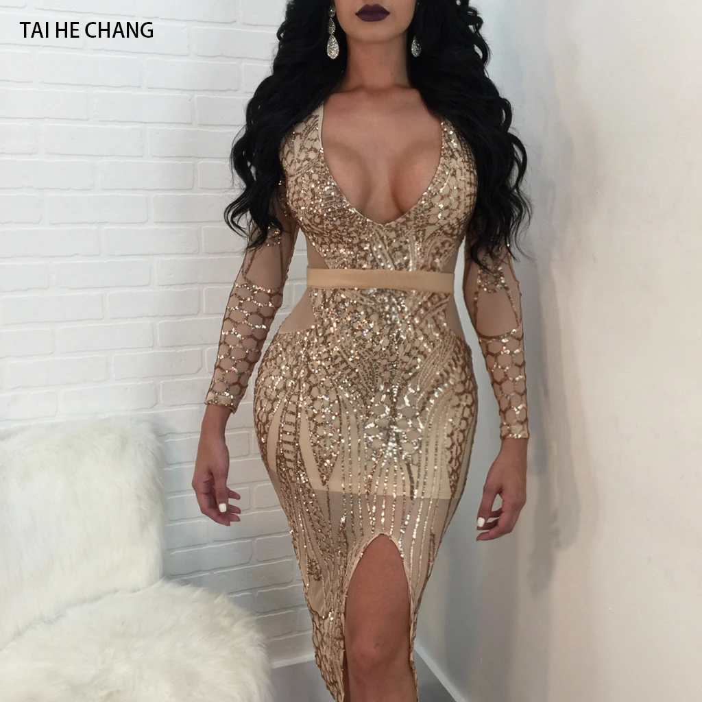 

Women Slim Sheath Sexy Club Deep V-neck Mesh Sequins Summer Dresses Long Sleeve Midi Party Dress