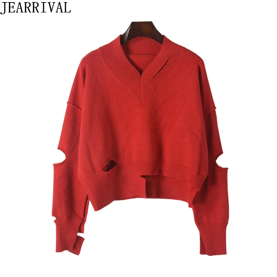 2019 Autumn Winter Women Oversized Sweater Casual Long Sleeve V-Neck Ripped Hole Solid Color Pullovers Knitted Jumper Pull Femme | Женская