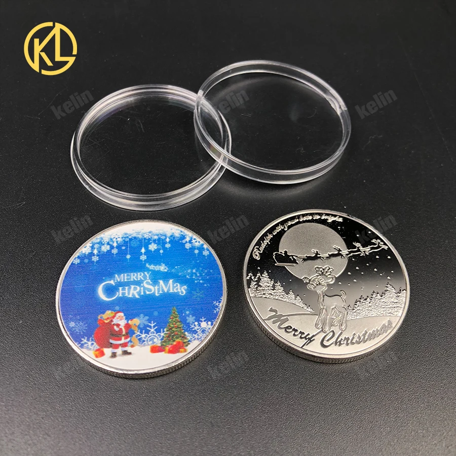 

KL Merry Christmas Coin with Santa Claus and Deer photo Silver Plated Metal Challenge Coin for 2019 new year Gift