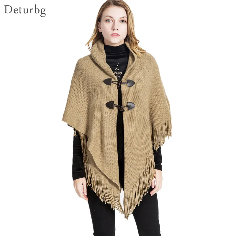 

Deturbg Poncho Winter Scarf 2018 Women's Luxury Brand Ponchos and Capes Warm Scarves Buttoned Fashion Tassels Pashmina WTS44