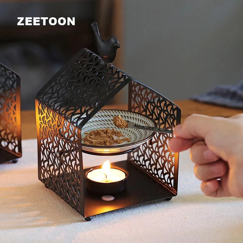 

Romantic House Shaped Incense Burner Metal Iron Art Black Candlestick Candle Essential Oil Heater/ Night Light Lamp Decor Crafts