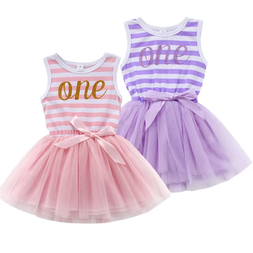

2018 Newborn Baby Girls First Birthday Sleeveless One Party Striped Dress Toddler Sweet Summer Dress