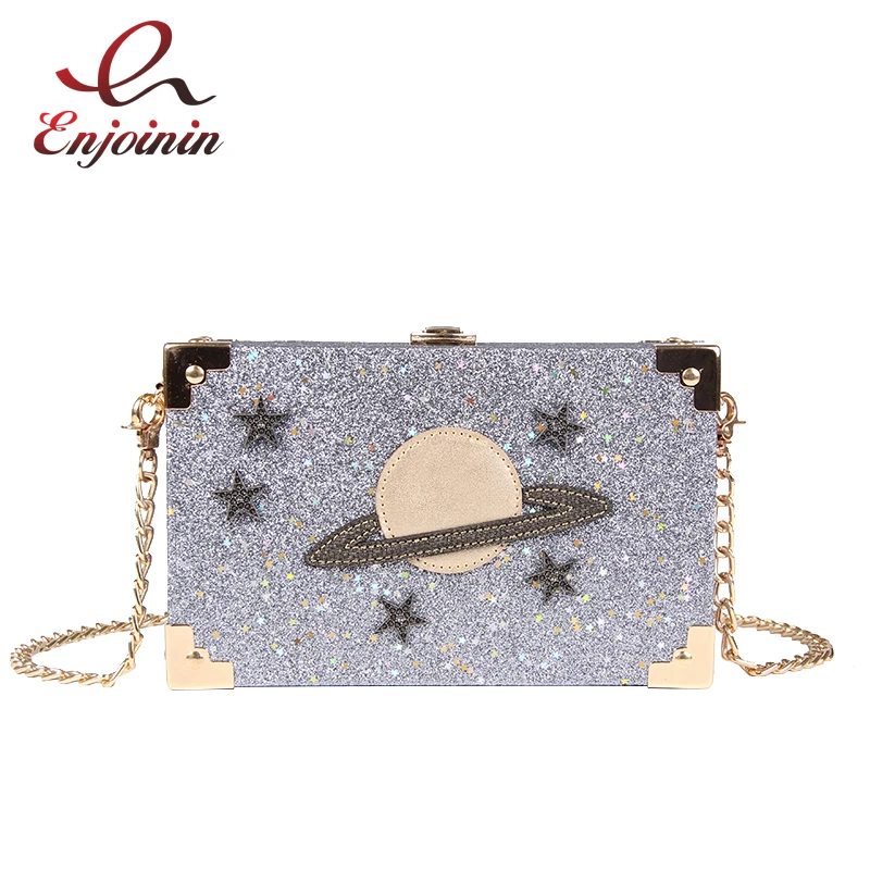 

Fashion Planet Pattern Sequins Personality Box Style Female Party Clutch Bags Women's Chain Purse Crossbody Mini Messenger Bag