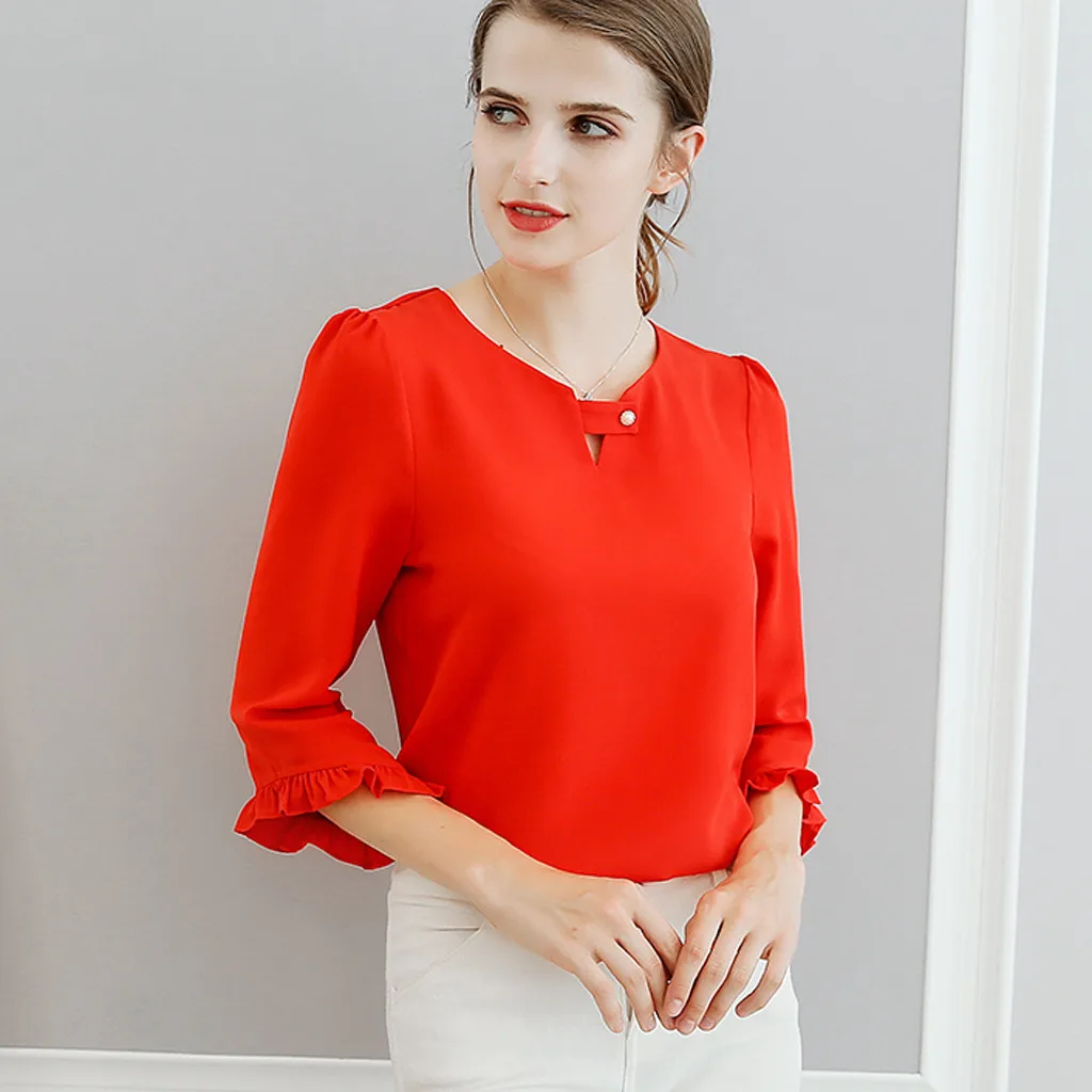 Women Chiffon Shirt2019 Women Summer Work Office V Neck Ruffles Sleeve Solid Chiffon Blouse Shirt Top