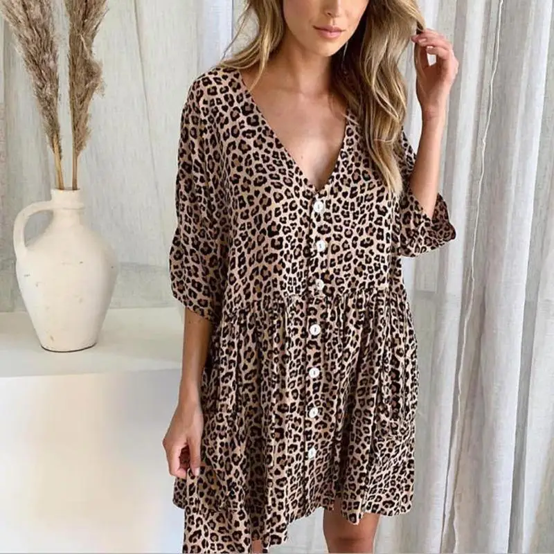

Summer Sexy Leopard Print Short Dress Summer Ladies Button V Neck Loose Casual Dresses Sexy Party Beach Dress
