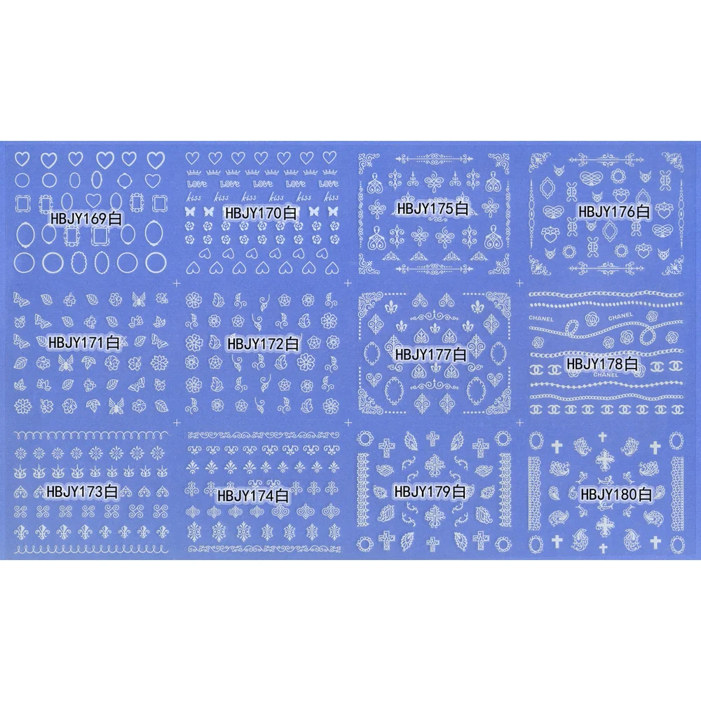 

12 SHEETS NAIL ART 3D SELF ADHESIVE GOLD SILVER BLACK WHITE STICKER DECAL SLIDER LOVE LETTER KISS CAPS HEART HBJY157-168