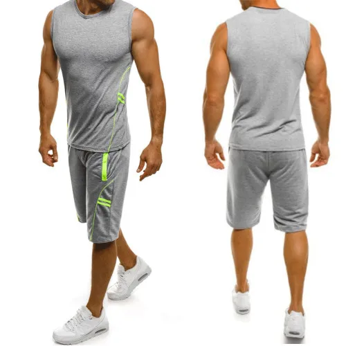Летняя мужская спортивная одежда для спортзала и бега, комплект для фитнеса, майка без рукавов, шорты, штаны, 2 предмета, спортивный костюм для бега, M-3XL - Цвет: Light gray