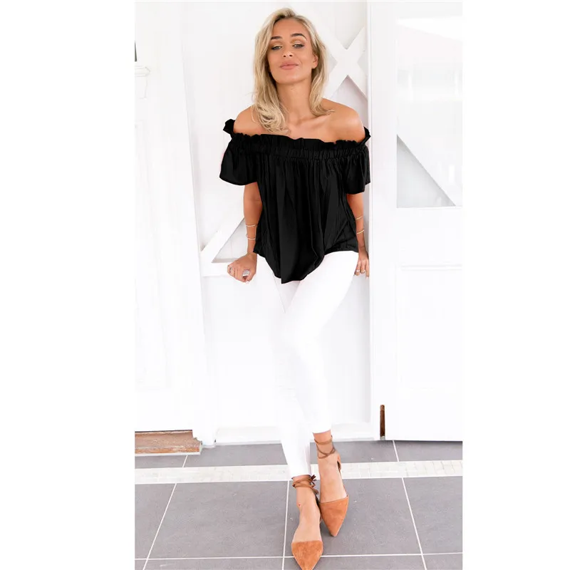 Off Shoulder Blouse Shirt Women Tops Ruffles Sexy Chiffon Blouse Elastic Collar Summer Top Chemise Femme Blusas16