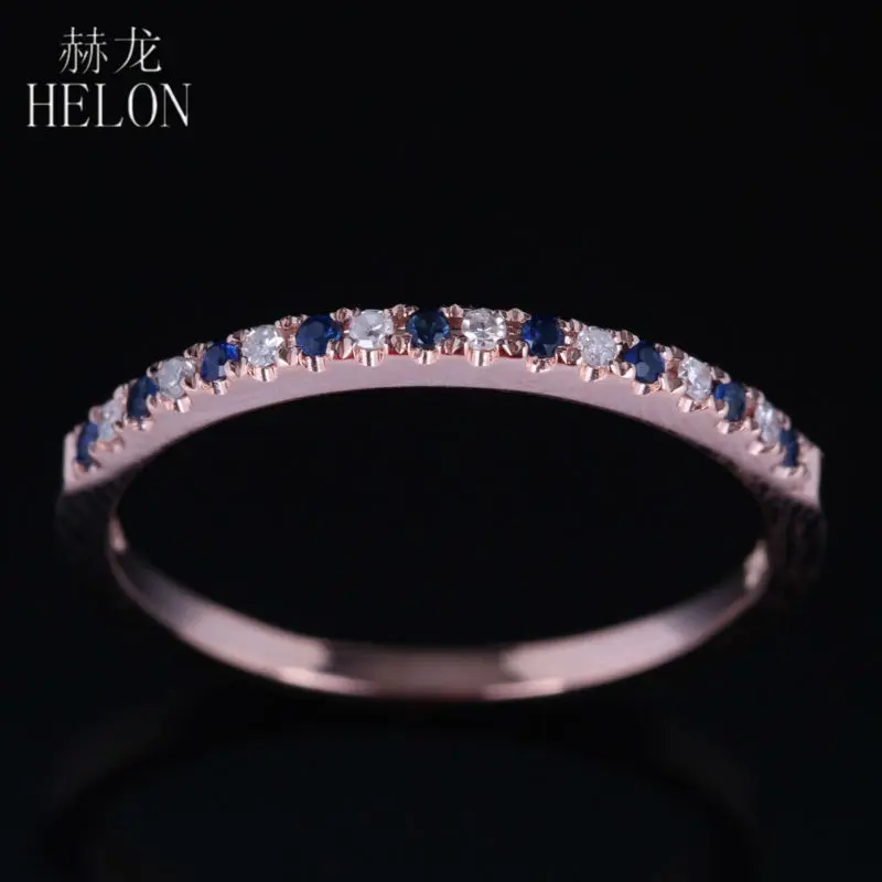 HELON Genuine Natural Diamonds & Sapphires Ring Solid 14k Rose Gold Wedding Ring gemstone ring For Women Trendy Fine Jewelry