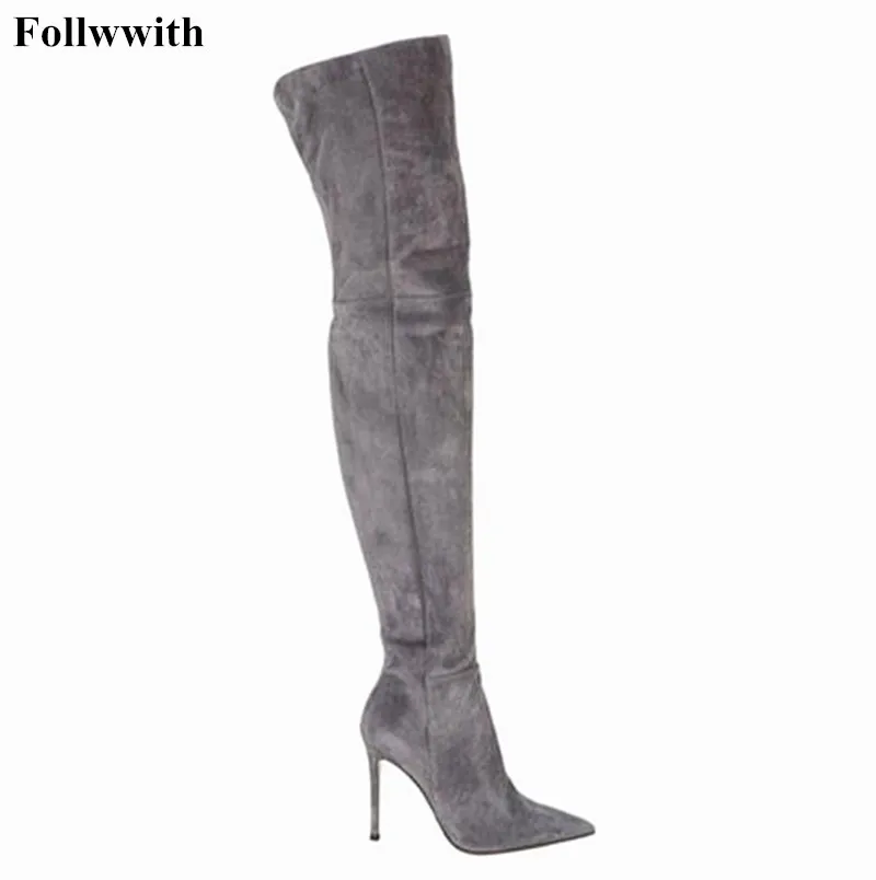 

2018 Women Long Booties High Thin Heel Pointed Toe Over Knee Boots Zipper Design Suede Dress Fashion Boots