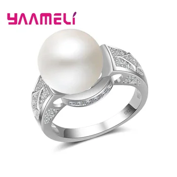 

Brilliant New Arrival 925 Sterling Silver Finger Rings For Women Female A Big Round White Pearl Crystal Jewelry Present