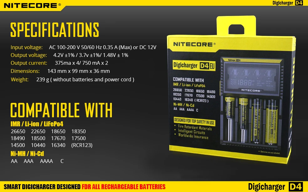 Бренд Nitecore зарядное устройство D4 D2 I4 I2 lcd интеллектуальное зарядное устройство Li-Ion 18650 14500 16340 26650 AAA AA 12 В