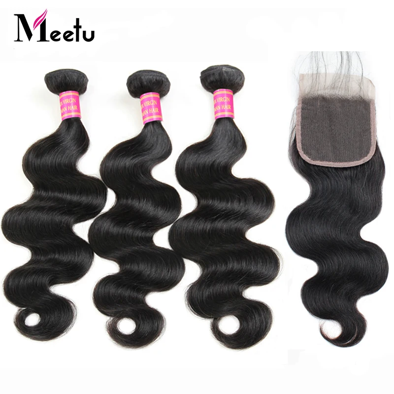 

Meetu Hair Brazilian Body Wave With Closure 3 Bundles with Closure 4x4 inch Non Remy Human Hair Bundles with Closure Baby Hair