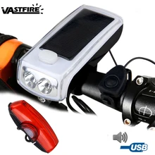 Велосипедный светильник на солнечных батареях, LED1200 mAh, USB Перезаряжаемый головной светильник с 140dB, велосипедный рожок+ Безопасный задний светильник