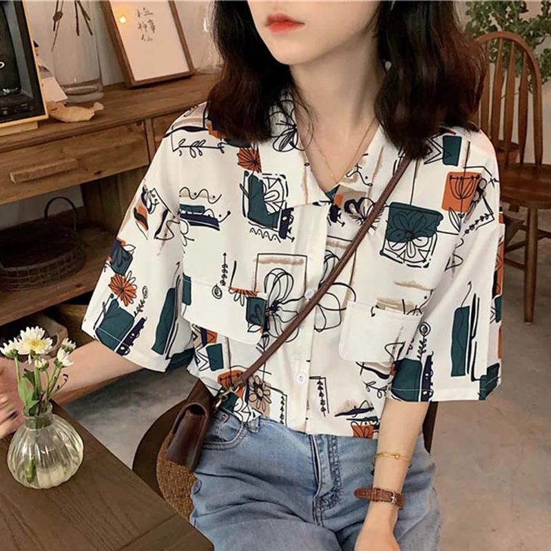 Women Shirt New Summer Loose Casual Blouse Female Short Sleeve Shirt Flower Print Women Tops XZ426