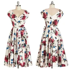 40-женское винтажное платье с цветочным принтом 50 s, с v-образным вырезом и бантом на талии, платье для свинга в красном рокабилли пинап, платья больших размеров