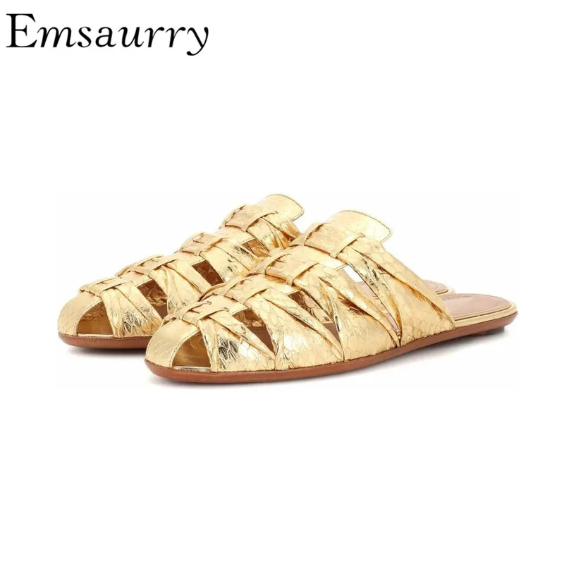 

Flat Heel Slippers Women New Summer Fashion Gold Outwear Cover Toe Seaside Holiday Serpentine Beach Slides