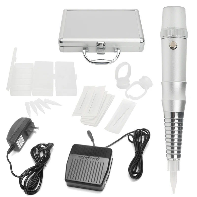 

Silver Eyebrow Rotary Tattoo Machine Kit Microblading Pen With Needle Foot Pedal Alloy Box Case 3D Permanent Makeup Lip Eyeliner
