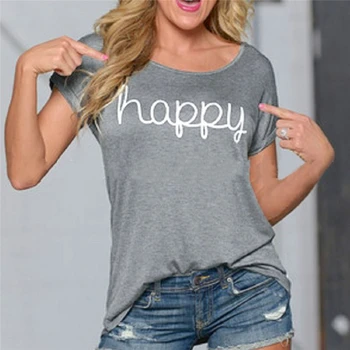 

Fashion Women Summer Casual Happy Printed T Shirt Harajuku Solid Short Sleeve Top Tee 2020 Hot O-neck Soft New