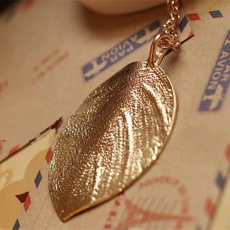 

Golden Color Chain Long Fashion Necklace Women Jewelry Collares Kolye Necklaces & Pendants Natural Real Leaf Necklace Gift X73
