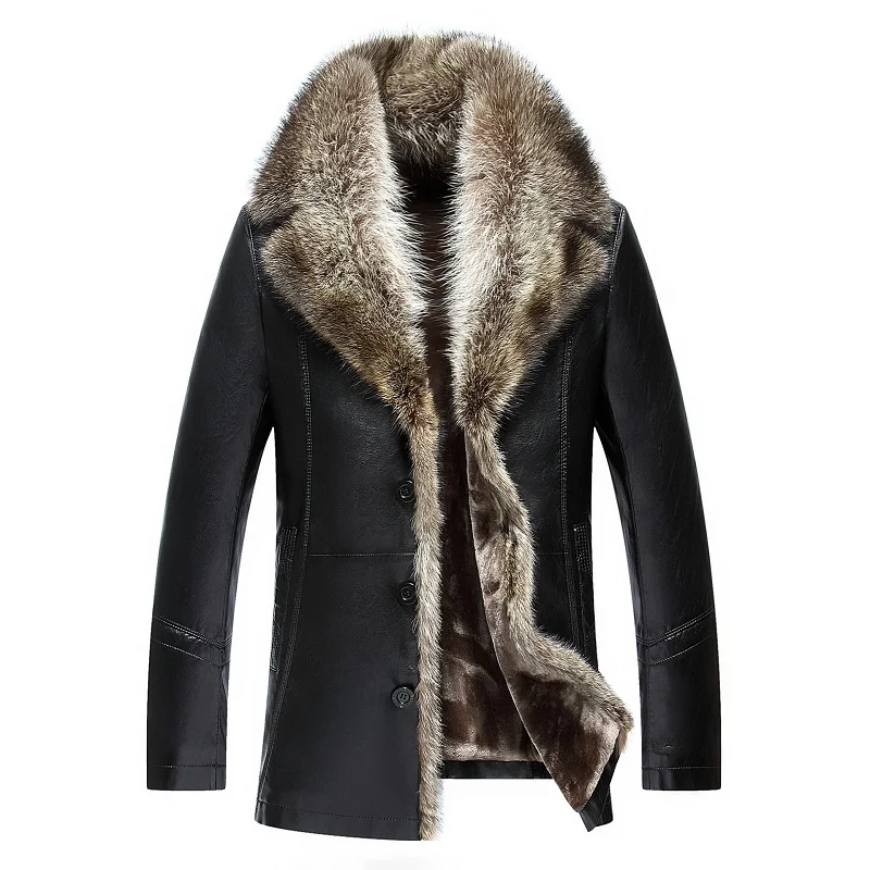 

Mens Sheepskin Coats Winter Leather Jackets Real Raccoon Fur Collar Snow Overcoat Warm Thick Outwear High Quality Large Size 4XL