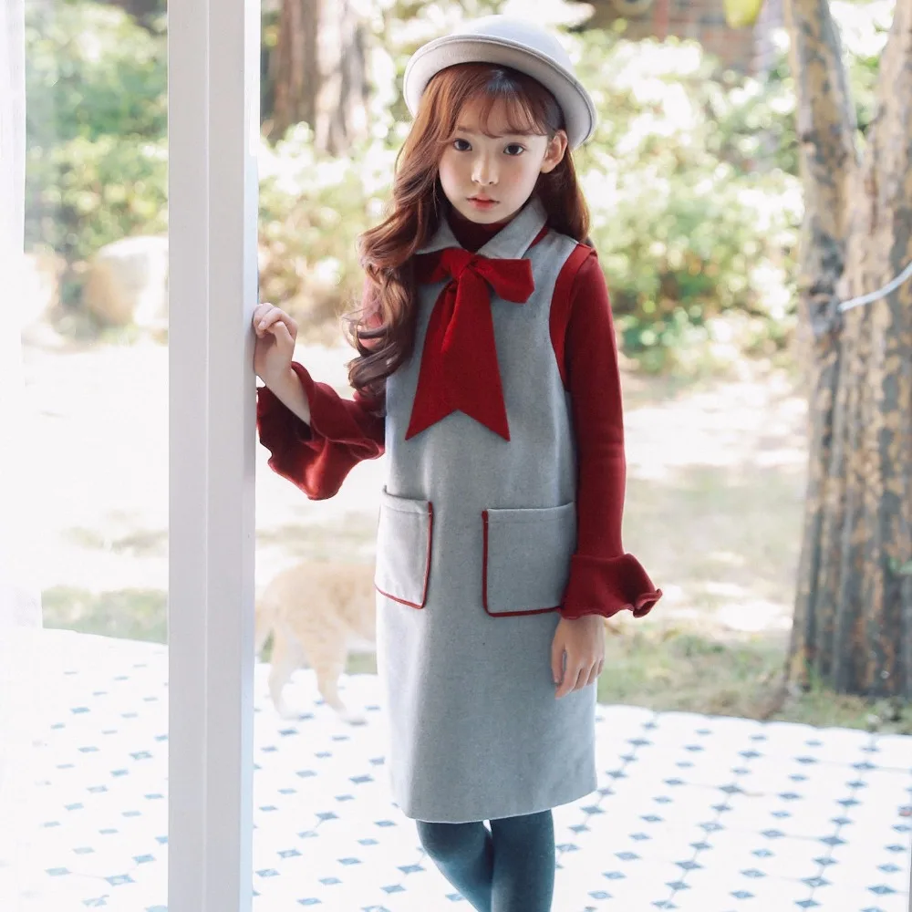 

2019 New Year Brand Famous Designer Girls Outfit Set Big Bow Knot Sleeveless Dress With Pocket And Flare Sleeve Basic Tops 2pcs