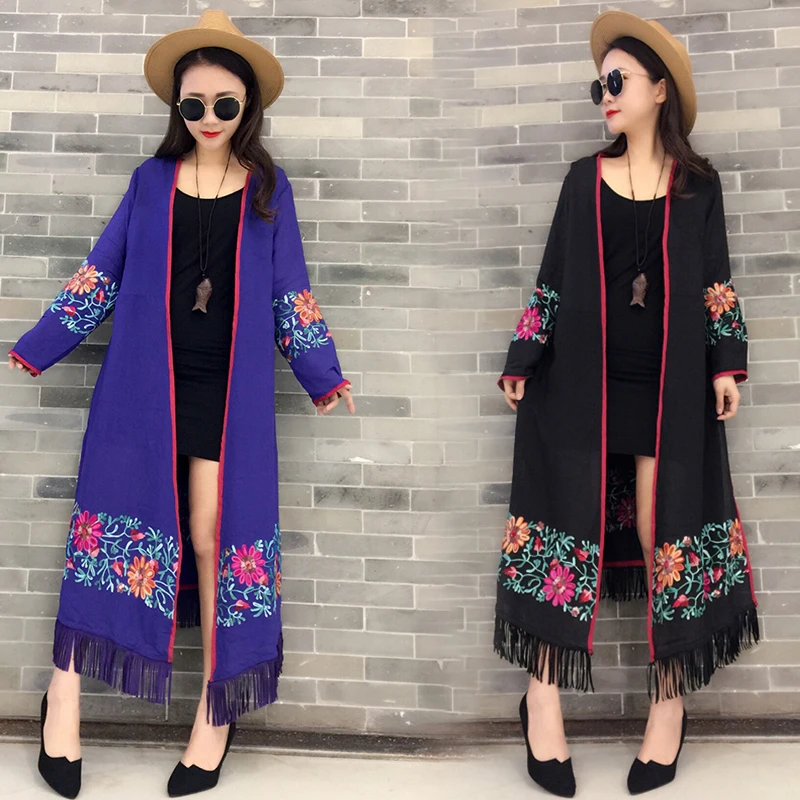 

Elegant Cardigans Linen cloak coat women floral embroidery kimono autumn spring long female overcoat long sleeve trench coat