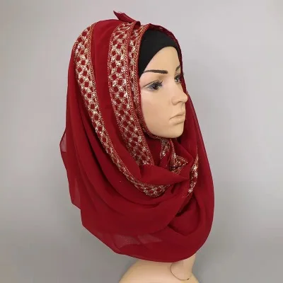 Одноцветное Цвет шифон хиджаб с кристально Shimmer Стразы шарф Обертывания мусульманские Шарфы для женщин Быстрая