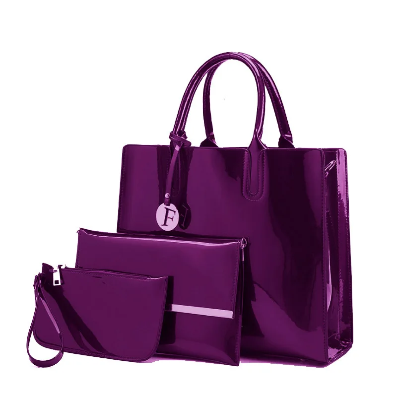 Женская сумка из лакированной кожи, роскошная дизайнерская сумка-тоут, 3 шт. в комплекте, сумка через плечо, женская сумка высокого качества, красная, черная ручная сумка - Цвет: Purple 3 pcs
